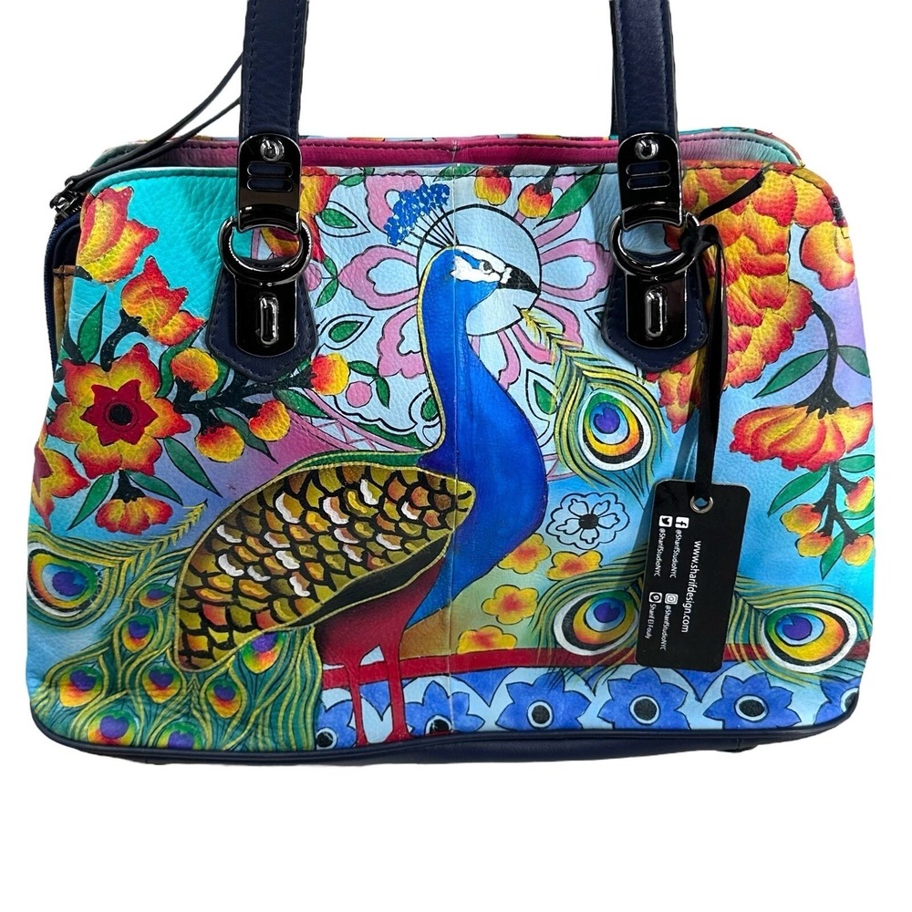 Sharif Hand Painted Genuine Leather Art Deco Handbag & Matching Makeup Pouch